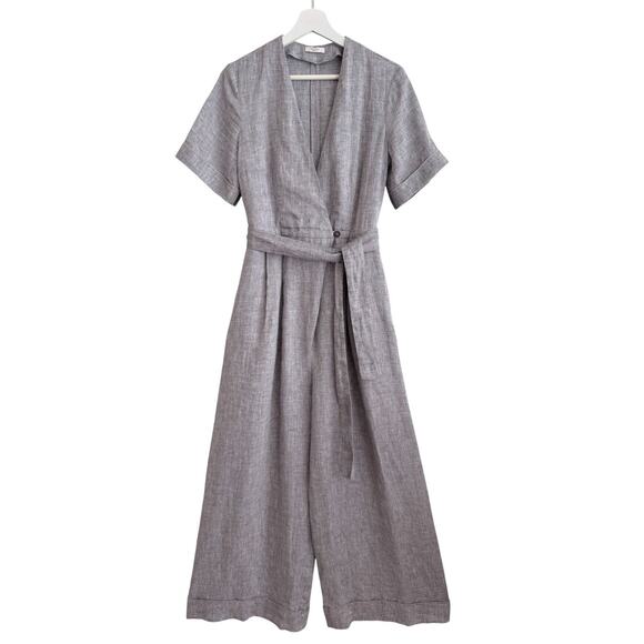 Peserico Linen Jumpsuit Tie Waist Short Sleeve Beaded Gray Chambray 40 Small - Picture 1 of 12